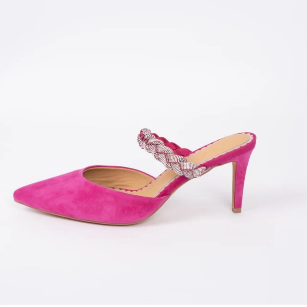 Fuchsia Suede Pointed-Toe Heel Mule with Braided Crystal Strap